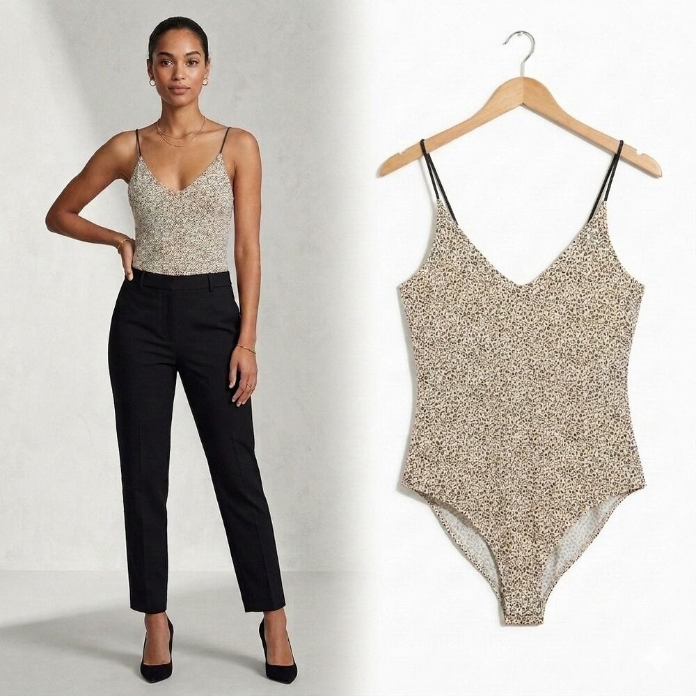 Gaze Leopard Print Bodysuit small Beige Tan Cheetah V-Neck Spaghetti Strap Cami